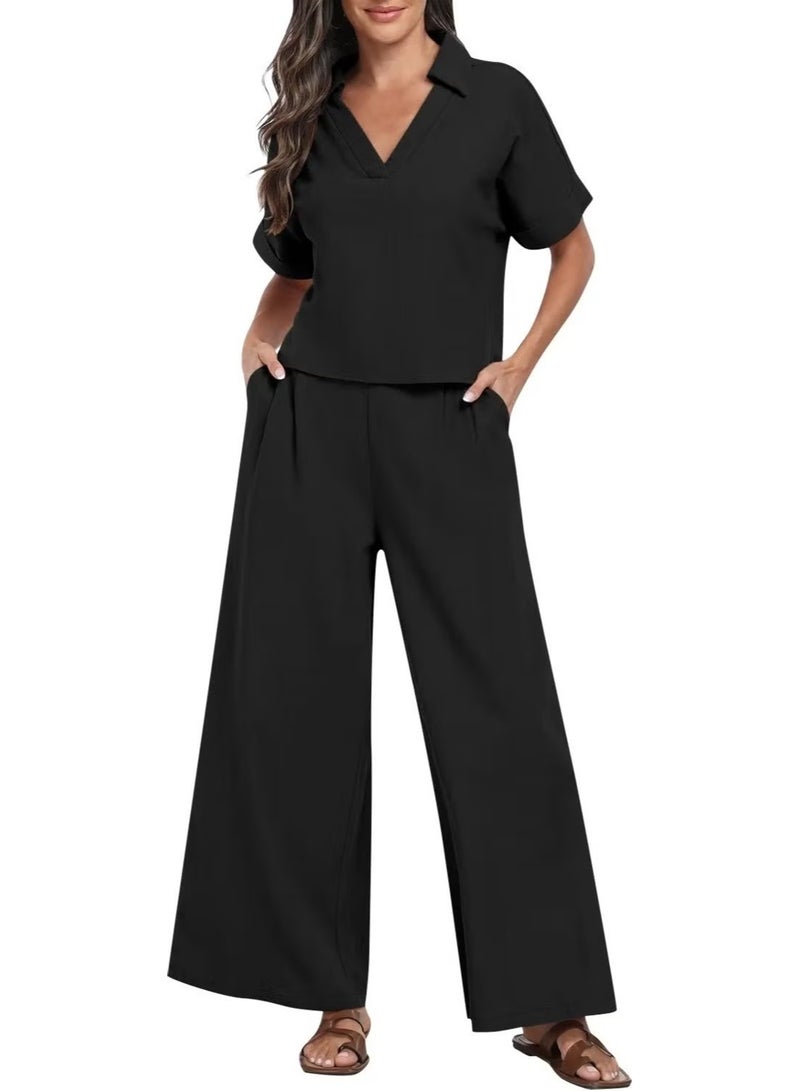 Barbora Elegant Women's T-Shirt and Long Pants Top and Bottom Two Piece Set V Neck Short Sleeve Casual Casual Dress LN27BLACK - Image 1